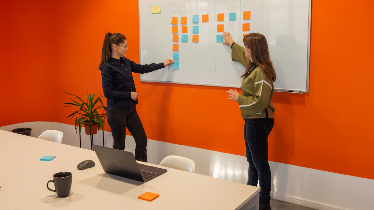 Two colleagues collaborating on a sticky-note challenge board