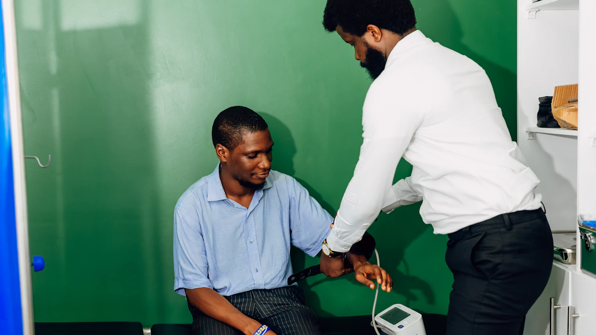 Healthcare professional checking an employee's blood pressure at an on-site health camp