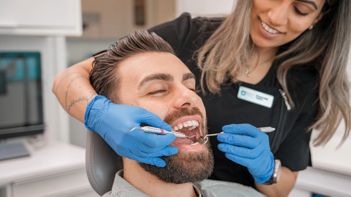 Dentist examining a patient's teeth during a dental screening