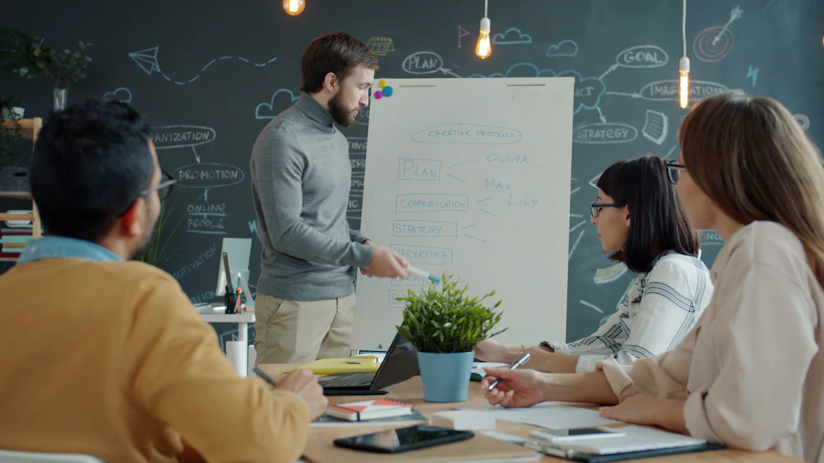 Leader guiding a small team through a workshop using a flip chart