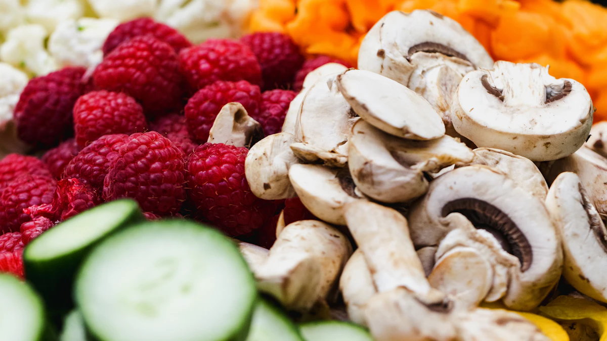 Fresh raspberries, cucumber and mushrooms arranged for a healthy nutrition session